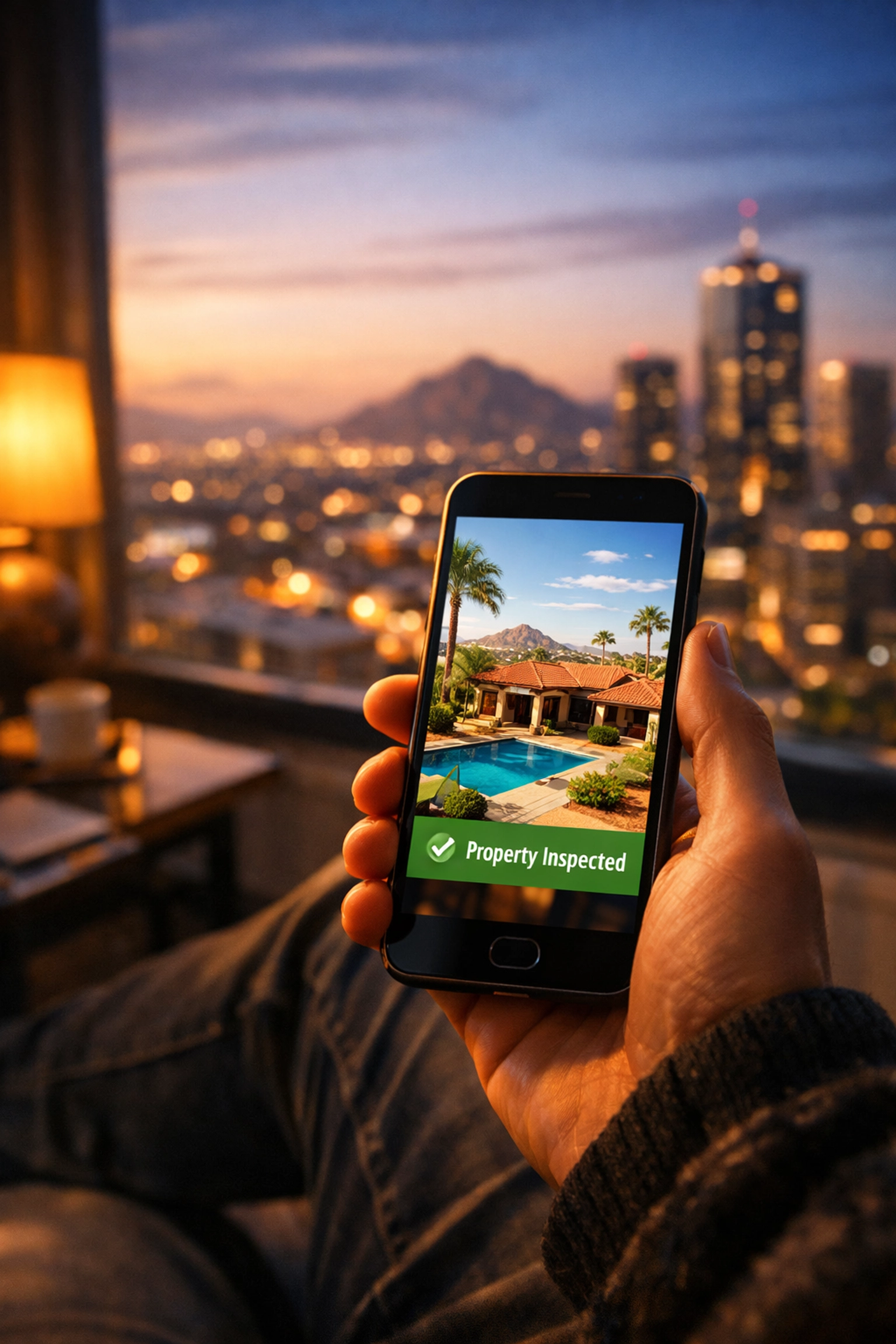 Remote real estate investor using a smartphone to monitor their Phoenix rental property.